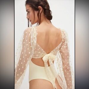Free People Cream Sheer Polka Dot Bodysuit